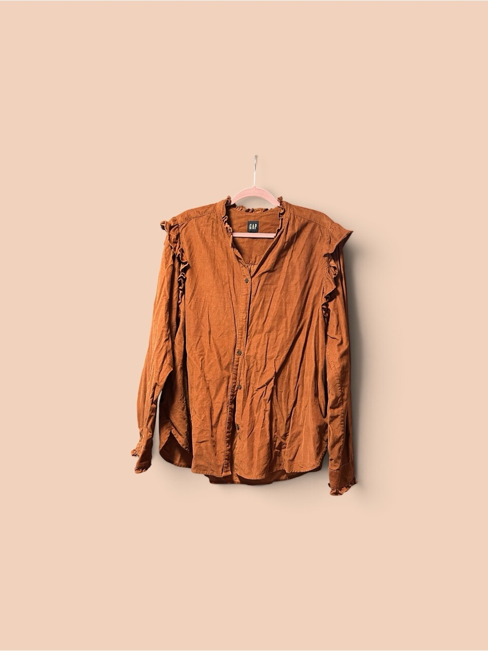 GAP Rust Button-Front Ruffle-Trim Shirt Jacket